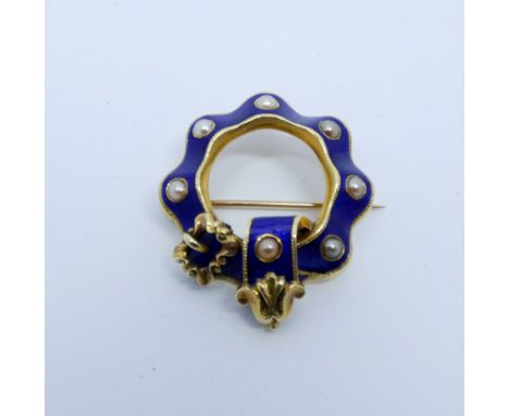 Victorian yellow gold brooch designed as a garland with rich blue enamel and half pearls, 3cm diameter  no obvious damage to 