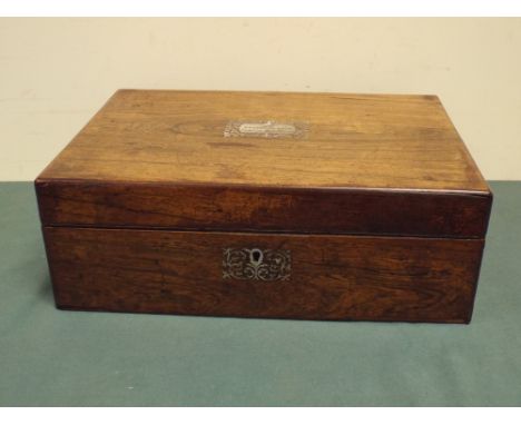 Early Victorian rosewood writing box with mother of pearl inlaid plaque (most of the interior missing) 