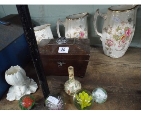 Set of three graduating jugs with flower pattern, an old tea caddy, quantity of paperweights etc 