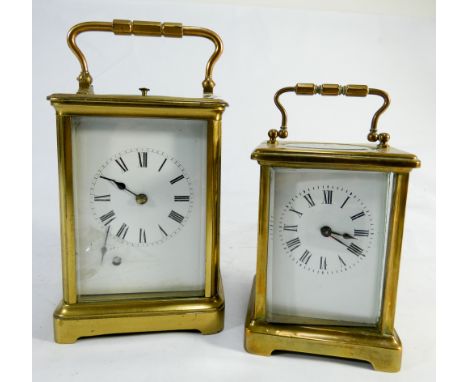 A French brass repeater carriage clock (as found) and smaller carriage clock, larger repeater height 14cms excluding handle