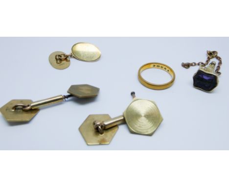 Assorted 9ct gold cufflinks, 22ct wedding band, amethyst seal etc  22 ct band 3.7 grams, cufflinks 10 g