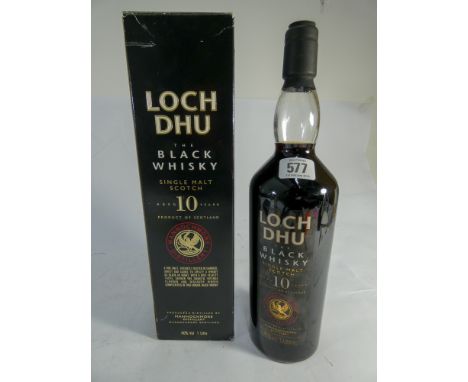 A bottle of Loch Dhu black Whiskey 10 year old single malt scotch in sealed condition with original box 