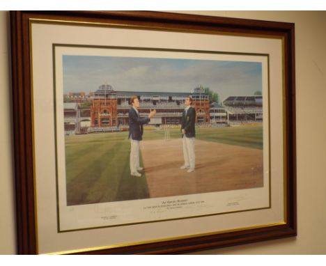 A signed limited edition print of an historic moment of the first test match England/South Africa at Lords, signed Atherton a