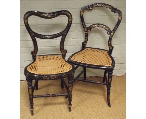 Three Victorian painted and mother of pearl black lacquered bedroom chairs with cane seats  1 chair has a crack in one of the