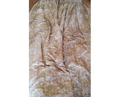 A pair of heavy embroidered silk pencil pleat curtains in tones of gold &amp; pink on a gold ground, separate lining each mea