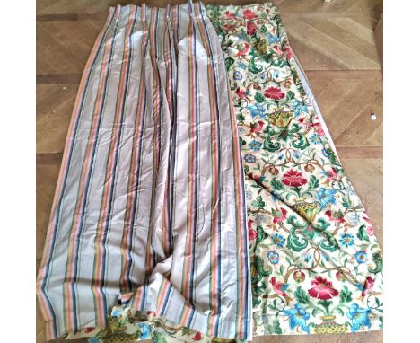A pair of&nbsp; pinch pleat linen double sided curtains, striped material in tones of yellow, red, blue on cream ground, the 