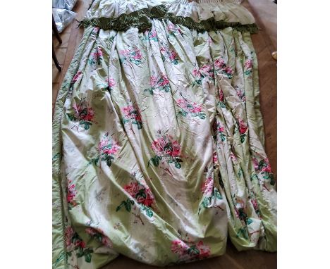 A pair of pencil pleat interlined curtains (weighted), printed with wild roses on a green &amp; cream striped ground, conform