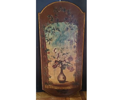 Interior Design - A decorative shaped wall panel, gilded edges, hand painted with a specimen vase bouquet of posy, pansies &a