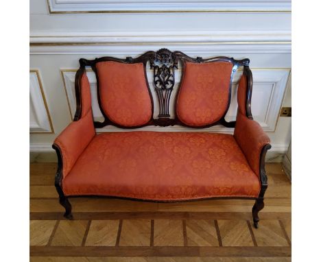 An Edwardian 'Hepplewhite' two seater salon sofa upholstered in rich terracotta and gold tones c.1905, 133cm W x 100cm H x 60