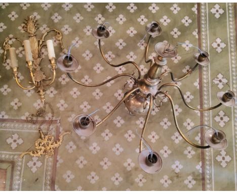 A Dutch brass eight light chandelier converted to electric 50cm high; a gilt brass neoclassical three branch wall sconce 48cm