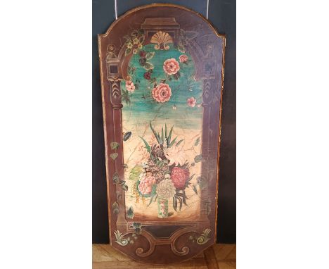 A decorative shaped wall panel, gilded edges, decorated with a specimen vase holding&nbsp;chrysanthemums and wild flower, sur