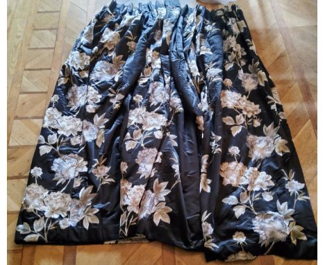 A pair of heavy pinch pleat curtains, machine embroidered roses in tones of cream, grey &amp; gold on black silk, lined&nbsp;