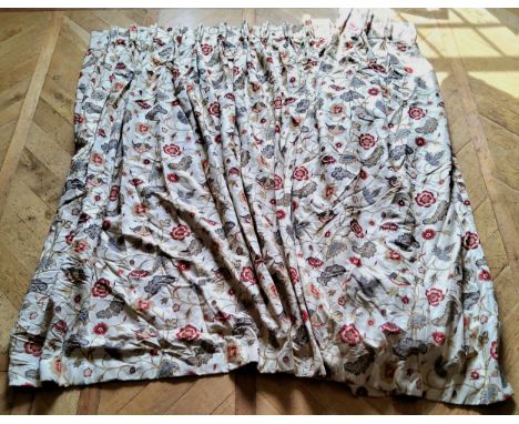 A pair of William Morris style pinch pleat linen curtains, printed with flora in tones of claret, gold &amp; grey on a cream 