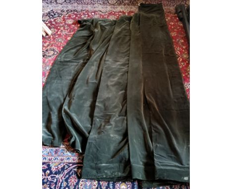 A pair of dark green velvet jabot/cascade curtains, 260cms; three single jabot/cascade curtains 312.5cms, 232.5cms &amp; 231.