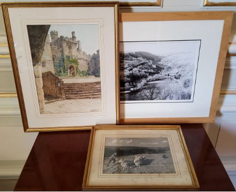 Local interest - Haddon Hall, watercolour on paper, signed G A Shaw, framed; a photographic print of Chris Furniss &amp; Spot