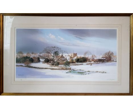 By and After Michael Barnfather Derbyshire Village in Winter limited edition print 98/650, signed in pencil 36 x 70cms, frame