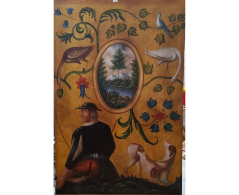 A large continental style oil on canvas panel, a beau and his dog, stylised herons in foliage, the central panel a Swiss land