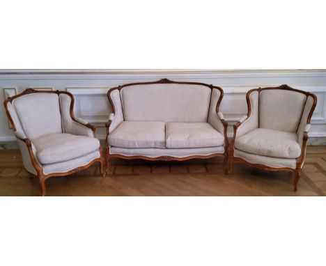 A recently upholstered early 20th century French three piece salon suite, French linen upholstery, Sofa 140cm long x 90cm dee