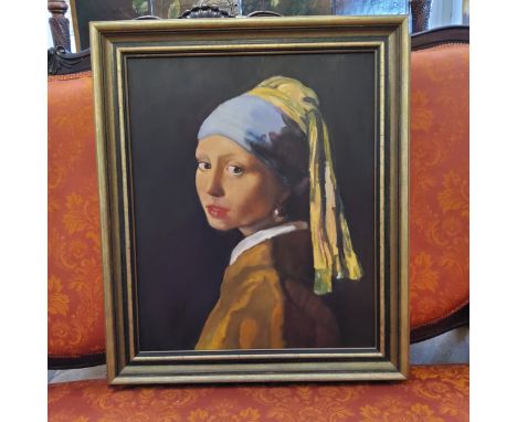 After Vermeer, Girl With A Pearl Earring,&nbsp;20th century original oil painting on canvas, 37 x 45cms framed 