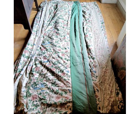 A pair of heavy pencil pleat curtains, the cotton fabric printed with doves &amp; other birds, butterflies and flowering prun