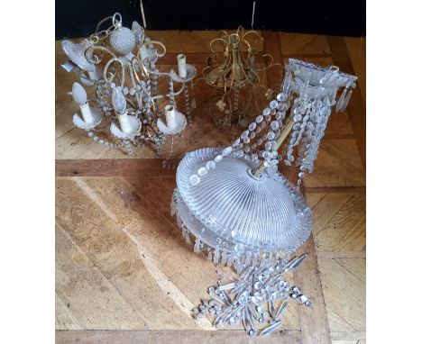 Lighting - For restoration - a crystal drop chandelier the main glass bowls in good condition; another smaller gilt &amp; gla