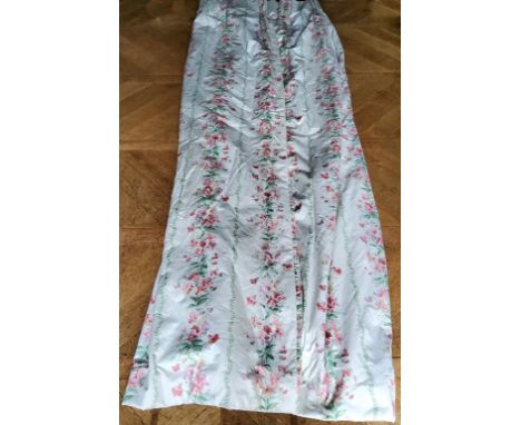 A pair of pinch pleat curtains, cotton printed with sweet pea stripes and foliage stripes on a cream groundline (some holes/w