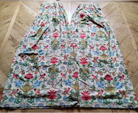 A pair of William Morris style pinch pleat linen curtains, printed with classical urns, flora and stylised parrots, lined eac