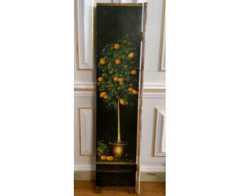A decorative painted panel depicting an orange tree, previously from a modesty screen, 180cm high x&nbsp; 43cm wide 
