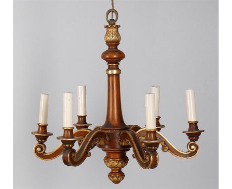 
	
		A mahogany and parcel gilt six light chandelier, in the early 18th century style. Drop 60cm, width 56cm.
		
		Condition 