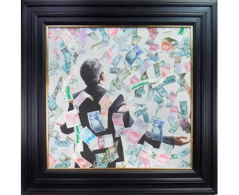 AFTER GERARD BURNS (SCOTTISH b 1961), MONEY giclee print on canvas 80cm x 80cm Framed