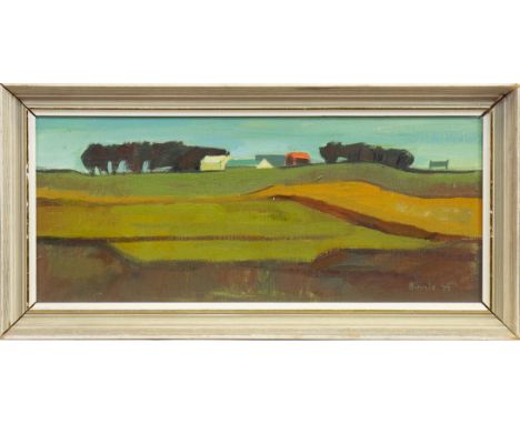 * ANDREW BINNIE (SCOTTISH b 1935), LANDSCAPE WITH WHITE GATE; and PLOUGHING a pair of oils on board, each signed and dated '7