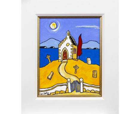 IAIN CARBY, RED TREE BY THE CHURCH WITH THE BLUE GATE oil on canvas, signed 30cm x 24cm Framed
