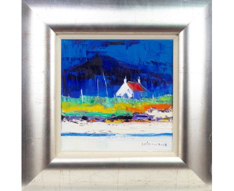 * JOHN LOWRIE MORRISON OBE (JOLOMO) (SCOTTISH b 1948), EVENING LIGHT, PORT UAIRK, ARDNAMURCHAN oil on canvas, signed, further