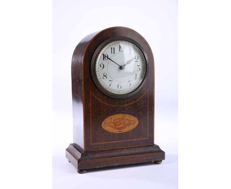 EDWARDIAN INLAID MAHOGANY MANTEL CLOCK
unsigned French brass key wind movement with lever platform escapement, the white dial