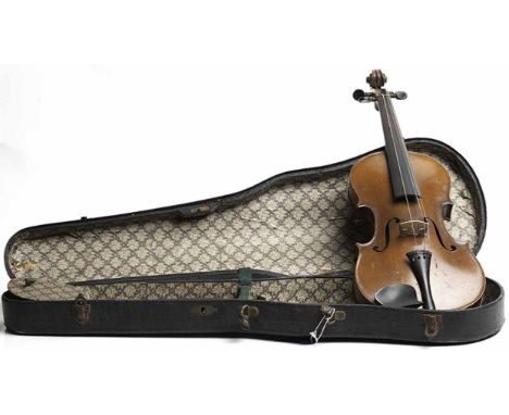 EARLY TWENTIETH CENTURY VIOLIN
the curved two piece back 35.7cm, total length 59cm, the scroll head leading to ebonised finge