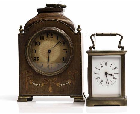 EDWARDIAN INLAID MAHOGANY BUREN MANTEL CLOCK
retailed by Sorley. Glasgow, signed key wind movement with lever platform escape