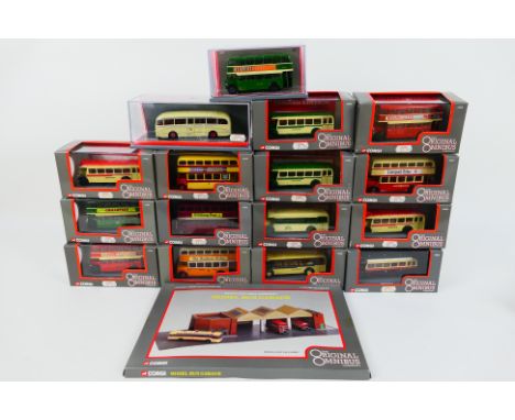 Corgi Original Omnibus - 16 boxed diecast 1:76 scale model buses with a cardboard garage diorama building from Corgi OO. Lot 