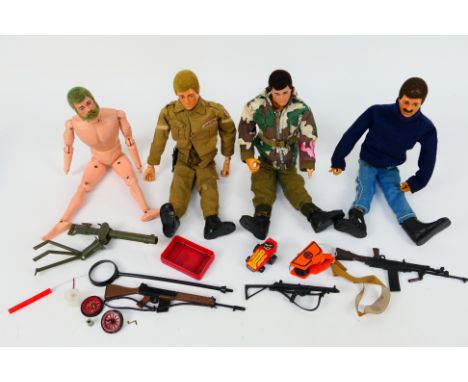 Action Man - Palitoy - Four vintage unboxed flock haired Action Man figures with a small group of loose accessories. Three of