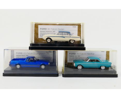 Trax - 3 x Australian Ford vehicles in 1:43 scale, 1960 Falcon XK sedan # TR26K, 1964 Falcon XM Futura Hardtop # TR50C and Fa