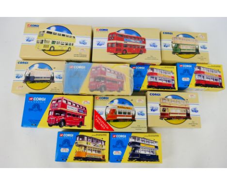 Corgi Classics - A fleet of 12 boxed diecast model buses and trams from Corgi Classics. Lot includes #36802 Closed Tram 'Leed