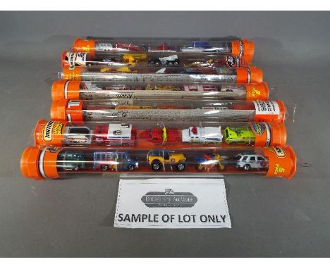 Matchbox Mattel Wheels - seven sealed tubes containing five model motor vehicles, appear mint