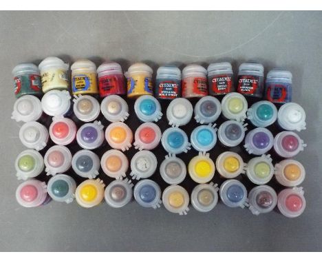 Citadel - An assortment of 50 base and layer 12ml Citadel paints. Lot includes Screamer Pink Base; XereusPurple Layer; Tau Li