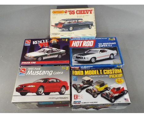 AMT, Matchbox, Revell, Lindberg - Five boxed model kits in various scales. Lot includes Matchbox 55 Chevy; Lindberg Ford Mode