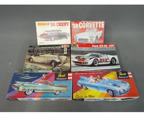 Revell, Matchbox, Jo-Han, AMT - Six boxed model kits in various scales. lot includes Revell Pontiac Club de Mer; AMT 59 Corve