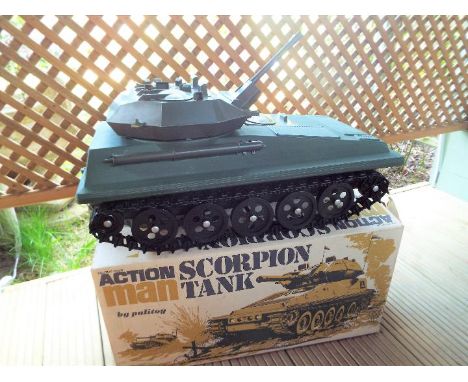 Action Man Scorpion Tank by Palitoy in original box, # 34710, military green polythene plastic body with two flags and flagpo