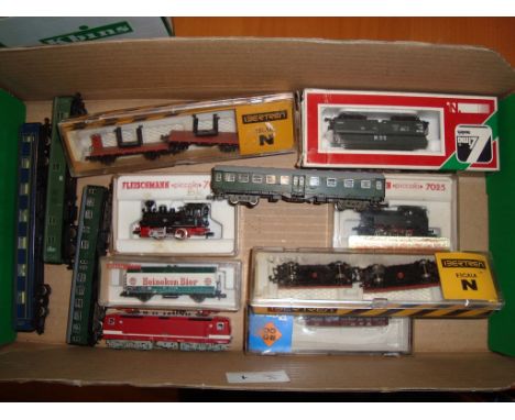 A quantity of boxed and unboxed European outline N Gauge locomotives and rolling stock by Fleischmann, Ibertren and others - 