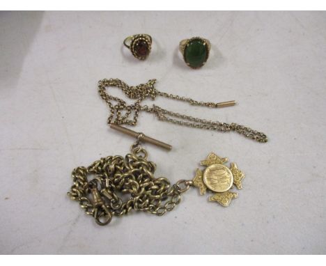 Gold and yellow metal to include two rings stamped 9ct, a necklace and a watch chain with a 9ct gold pendant