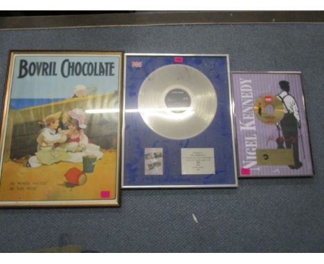 A framed and glazed Climie Fisher silver disc on her album 'Everything', circa 1988, a Nigel Kennedy framed CD, and a Bovril 