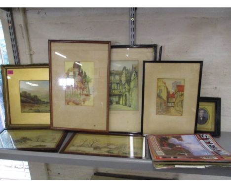 George Oyston - A hilly landscape watercolour - 7h x 10w, mounted in a gilt frame together with a small portrait of a gentlem