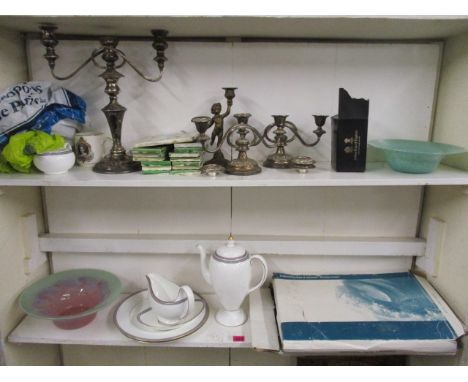 A mixed lot to include a silver plated candelabra, a Vasart glass bowl, a Wedgwood china chandelier and other items